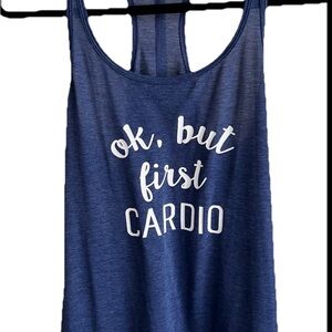 Gap Fit Breethe Navy Racerback Tank Top "Ok, but first CARDIO" Graphic SMALL